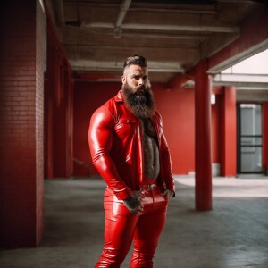 A bearded, muscular man confidently stands with his hands in his...