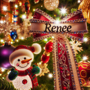 crystallized ribbon name *renee* wrapped around a christmas tree...