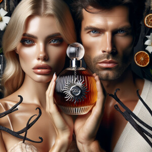 Young woman and man holding up-close of their face a bottle of p...