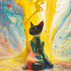 Create a surrealist painting featuring a Cat in a multi coloured...