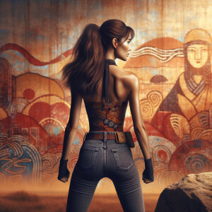 Athletic Thin skinny Attractive, Asian teenage girl, long brown hair and bangs, wearing tight skinny jeans and a halter top paint marks on her clothing, heroic pose Asian graffiti background, backside view