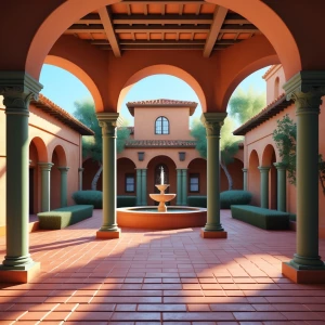 A Mediterranean-style villa courtyard with arched columns, terra...