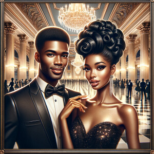 Depict an African American duo at a lavish gala. The gentleman s...