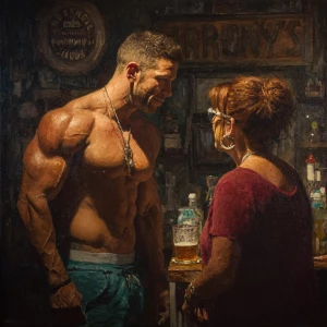Hyperrealism,sharp painting,a muscular sweaty beefy man standing...