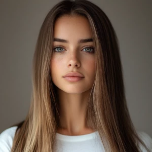 a woman, look to the camera, close up photo, long sleek straight...