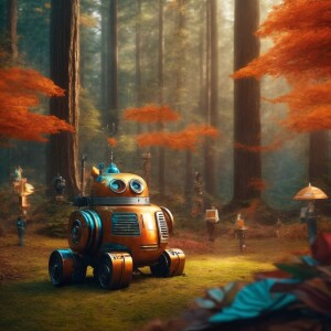 photorealistic image. rusty robot in a forest surrounded by his...
