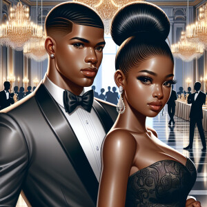 A light skin African American couple at a fancy ballroom event....