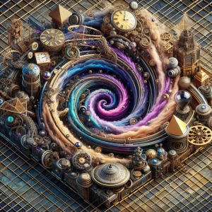A vibrant, swirling vortex of time and space, featuring vintage...