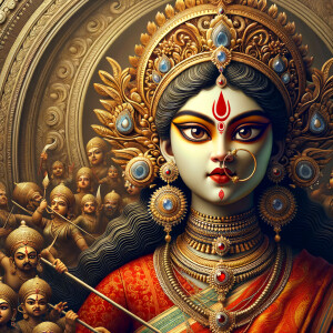 Portrait of gorgeous and angry goddess durga slaying mahishasur. intricately detailed depiction of a goddess. gold jewelry all over body. sharp nose, light skin, beautiful brown eyes, wavy black hair, red lips, slim body, red clothing, muscled limbs, ultra detailed body. uhd, hdr, 64k, epic scene. Photography