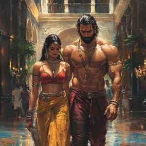 Fantasy painting.A sweaty beefy man walking with his 54 year old...