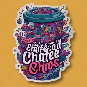 Create a sticker for A vibrant illustration of a coffee cup over...