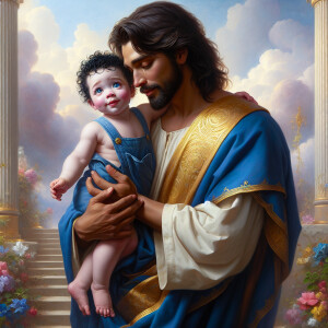 Classical oil painting style depicting an African-American Jesus...