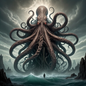 A towering, grotesque tentacled titan rises menacingly from the...