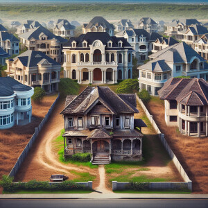Wide view of a fancy neighborhood with very expensive mansions,...