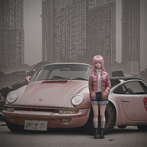 (20 years girl with pink hair standing in front of burnt porsche...