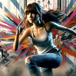 teenage girl, long brown hair and bangs, wearing tight skinny jeans and a halter top paint marks on her clothing, heroic pose Asian graffiti background, nearing on one knee