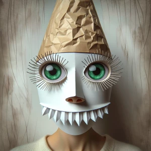 Person with big round green eyes wearing a paper mask that has a...