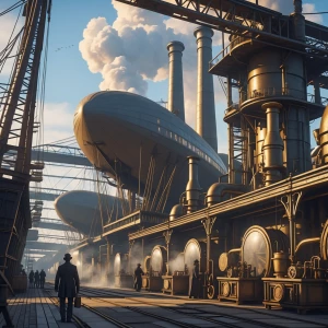 Create a bustling airship docking station, featuring a massive i...