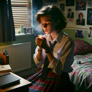 Schoolgirl smoking a cigarette in her room.