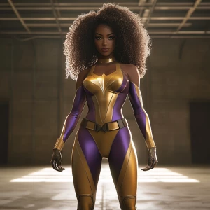 A wide camera angle of a superheroine that stands with commandin...