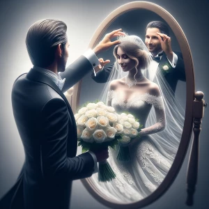 In the mirror's reflection, however, we see an idealized or meta...