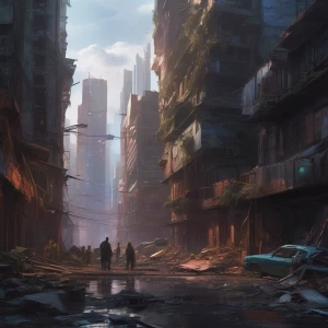 A desolate cityscape with collapsed skyscrapers, flickering neon signs, and scavengers picking through the ruins.