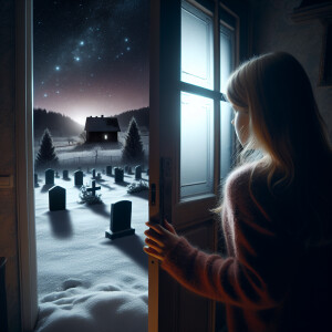 A girl with blonde hair opens the door of a house, looks at a gr...