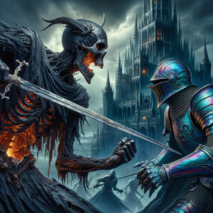 Undead black knight sword fighting a blue and black knight in front a undead castle