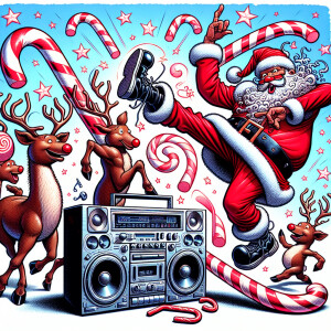 Santa doing a breakdance move next to a boombox, with reindeer c...