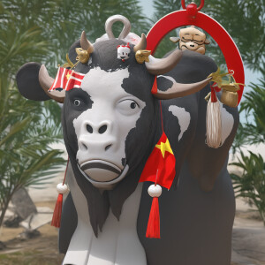 3D the cow with monkey head and Vietnam flag hang on the neck