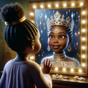 In a 3-D realistic world, a beautiful African-American child stands before a mirror. Her eyes widen as she gazes at her reflection, for the mirror reveals not just her own image but a majestic adult queen. The queen’s skin glows with regal elegance, her features exuding grace and wisdom. She wears a crown adorned with shimmering jewels, each gem reflecting the light like a thousand stars.
The child’s wonder deepens as she realizes that the queen in the mirror is none other than her future self—a powerful ruler who wears her heritage with pride. The mirror whispers secrets of destiny, urging her to embrace her potential and become the queen she sees.
And there, in this magical moment, the child and the queen share a silent pact: to honor their roots, uplift their people, and wear their crowns with unyielding strength.