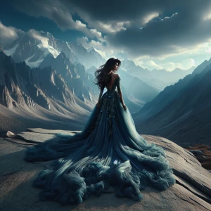 Design an image featuring an elegant woman on a rocky ledge, her...