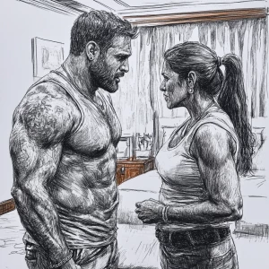 realism drawing style  .A sweaty muscular man talking with his 5...