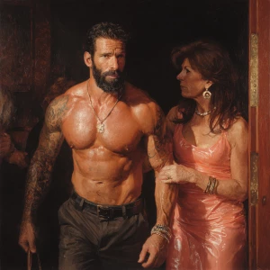 Create a hyperrealistic oil painting of a muscular, bearded, and...
