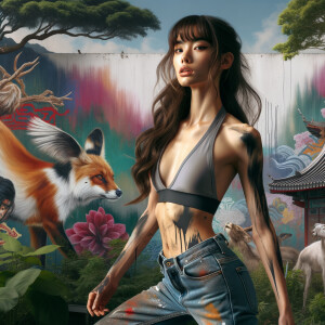 Athletic Thin skinny Attractive, Asian teenage girl, long brown hair and bangs, wearing tight skinny jeans and a halter top paint marks on her clothing, heroic pose Asian graffiti background, side view