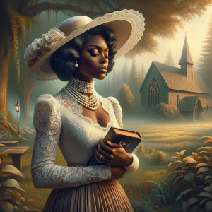 Render an airbrush oil painting of an African American woman with flawless makeup in a
contemplative pose, holding a Bible close to her heart, dressed in an elegant Sunday Best
outfit with a distinctive Church Hat. The background features a peaceful church garden,
with light filtering through the trees, highlighting her spiritual connection and the personal
moment of reflection. The artwork should capture the tranquility of the scene, the beauty
of her attire, and the depth of her contemplation, reflecting a serene and spiritually