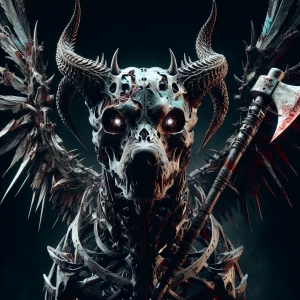 Digital realistic image of a winged pitbull skeleton in a dark,...