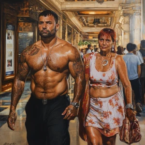 Hyperrealistic painting.A sweaty buffy criminal walking with his...