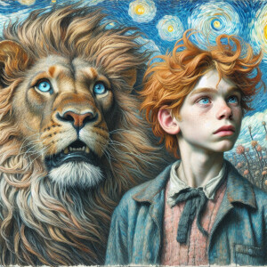 A ginger waive haired boy of 11 years old, with a lion