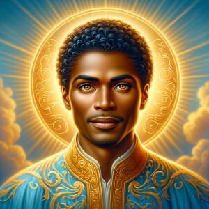 Create a beautiful African-American Jesus Christ with Hazel, brown eyes and blue and gold robe