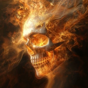 A  skull face emerging from a flame, half alive and half burning...