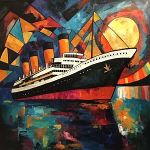 Titanic at dawn in the style of Wassily Kandinsky