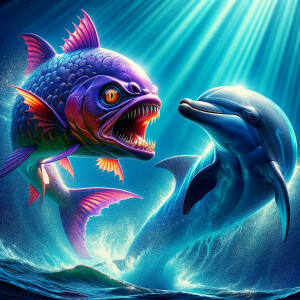 Purple piranha fighting a blue dolphin