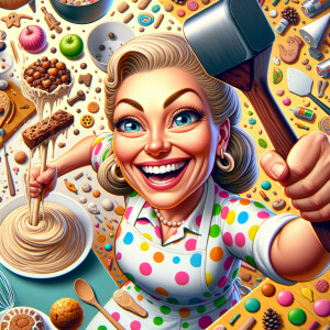 In a classic cartoon style, a cheerful woman with exaggerated fe...