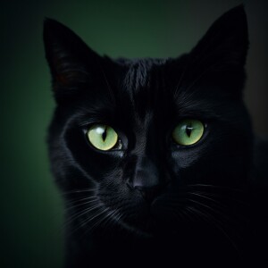 A black cat with a semi-profile, white whiskers, and piercing gr...
