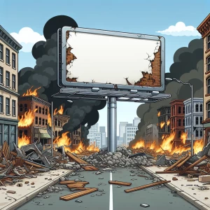 A large empty square billboard with minor damage taking up 90% i...