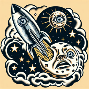 Rocket in moon's eye in an  old school tattoo style