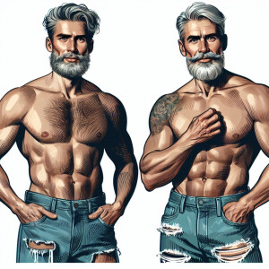 Two Muscle men gray hair beard 60 years old , shirtless
 on his...