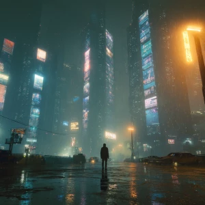 A lone man in a rainy, neon-lit sci-fi cityscape, towering skysc...