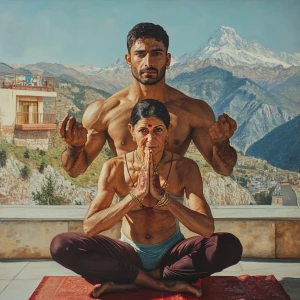 Hyperrealistic painting 1:1,A muscular man and his attractive 50...